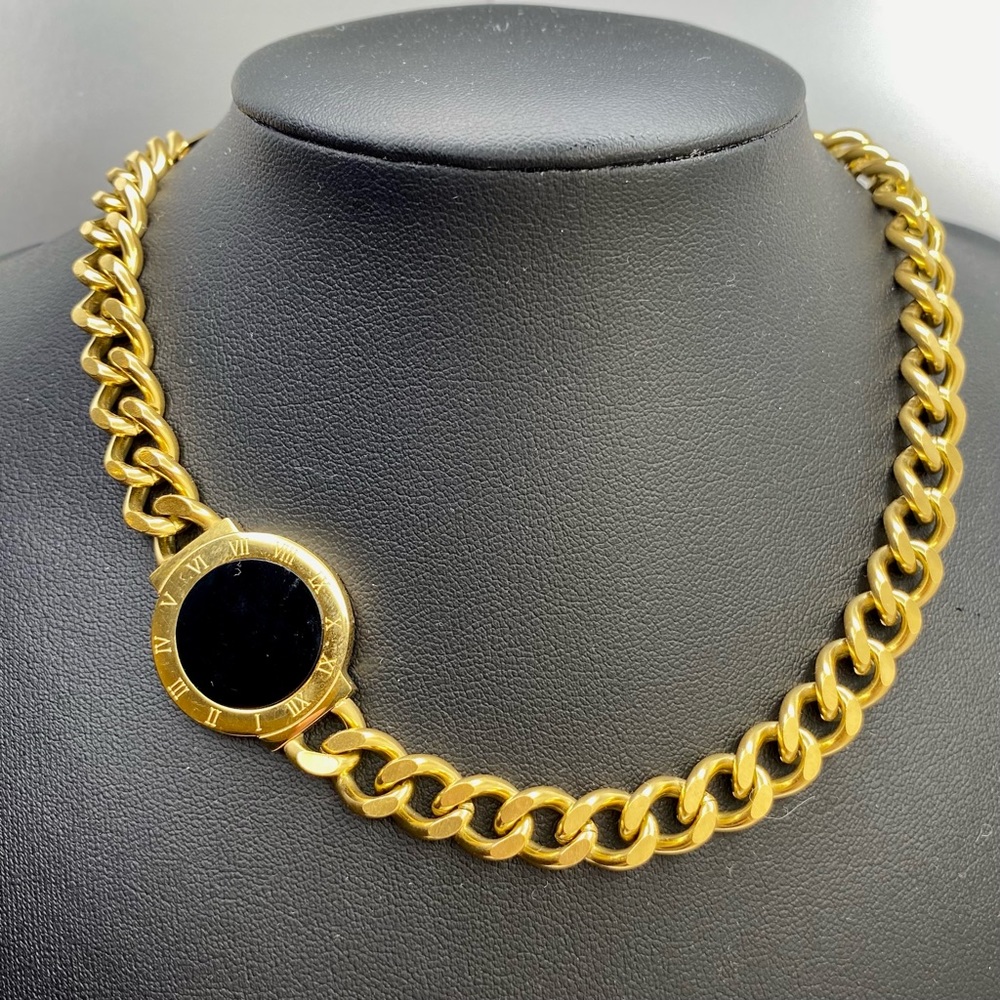14K gold plated Black White Pearl Pendant Chunky Chain roman numeral choker